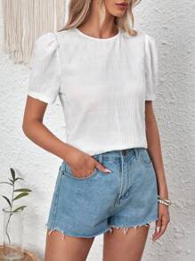 SHEIN VCAY 素色泡泡袖襯衫 - 白色 - 查看 6