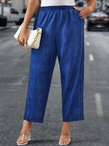 SHEIN LUNE 大碼彈性腰帶斜口袋長褲 - 藍色 - 查看 1