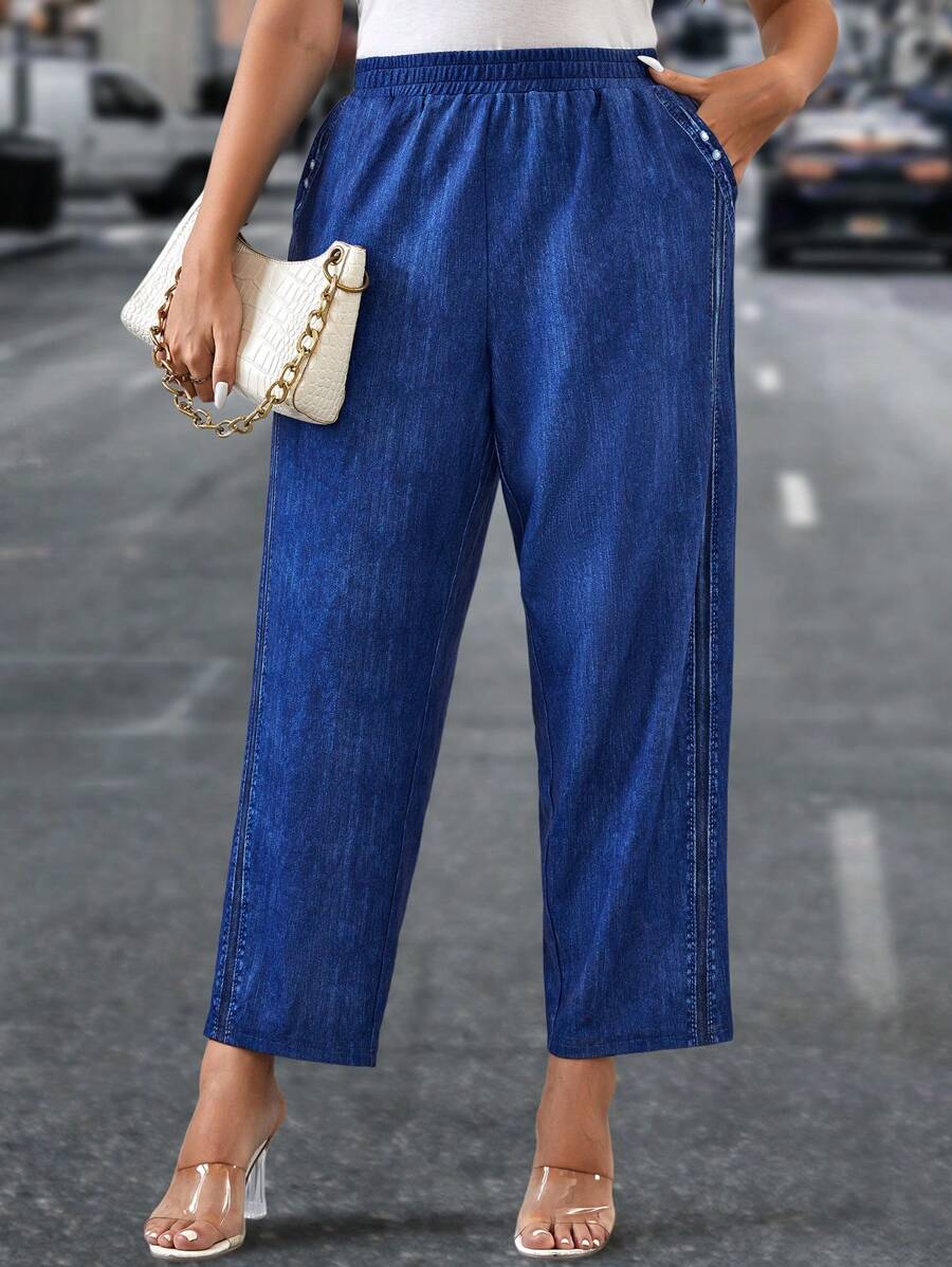 SHEIN LUNE 大碼彈性腰帶斜口袋長褲 - 藍色 - 查看 1