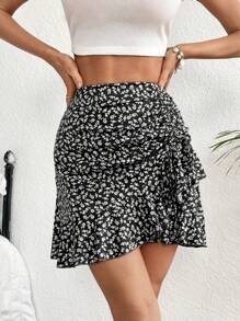 SHEIN VCAY 碎花抽繩荷葉邊半身裙 - 黑色 - 查看 5