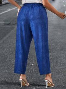 SHEIN LUNE 大碼彈性腰帶斜口袋長褲 - 藍色 - 查看 2