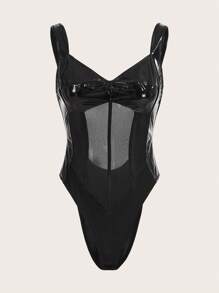 SHEIN ICON Body de tirantes de malla en contraste bustier PU - Negro - Ver 4