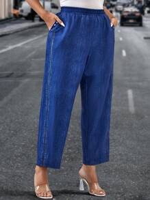 SHEIN LUNE 大碼彈性腰帶斜口袋長褲 - 藍色 - 查看 3