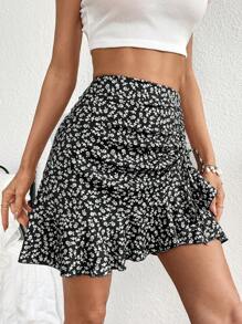 SHEIN VCAY 碎花抽繩荷葉邊半身裙 - 黑色 - 查看 4