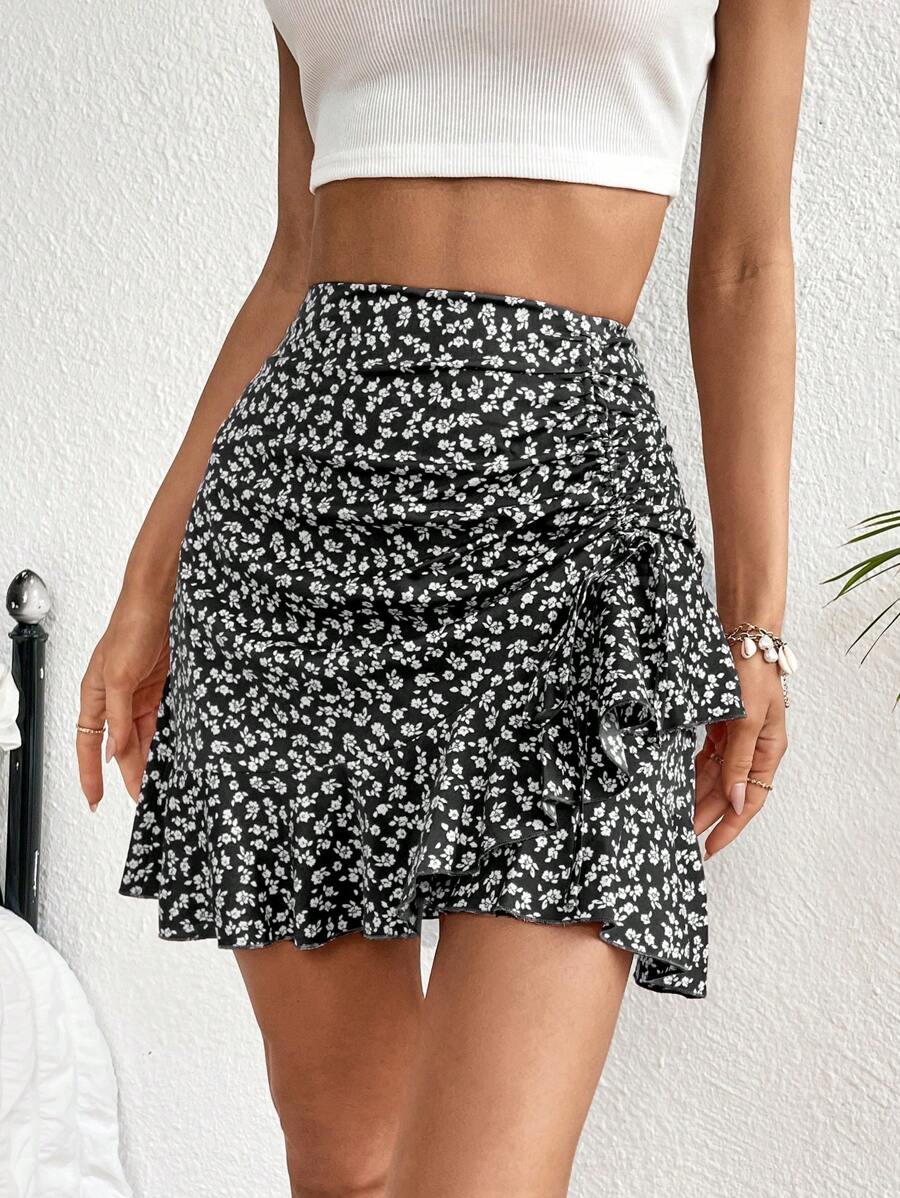 SHEIN VCAY 碎花抽繩荷葉邊半身裙 - 黑色 - 查看 1