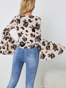 SHEINNeu Impressão Floral Manga De Encampanada Amarração Frontal Top Sem Cami Top - Damasco - Ver 2