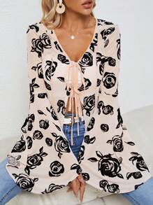 SHEINNeu Impressão Floral Manga De Encampanada Amarração Frontal Top Sem Cami Top - Damasco - Ver 4