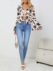 SHEINNeu Impressão Floral Manga De Encampanada Amarração Frontal Top Sem Cami Top - Damasco - Ver 5