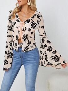 SHEINNeu Impressão Floral Manga De Encampanada Amarração Frontal Top Sem Cami Top - Damasco - Ver 6