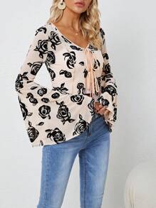 SHEINNeu Impressão Floral Manga De Encampanada Amarração Frontal Top Sem Cami Top - Damasco - Ver 7