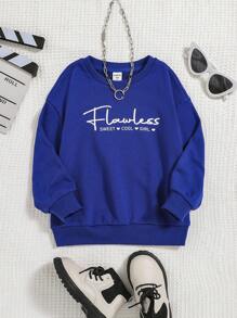 SHEIN Cô Gái Trẻ Đồ họa Chữ cái Thả vai Áo nỉ - Màu xanh lam - Xem 1