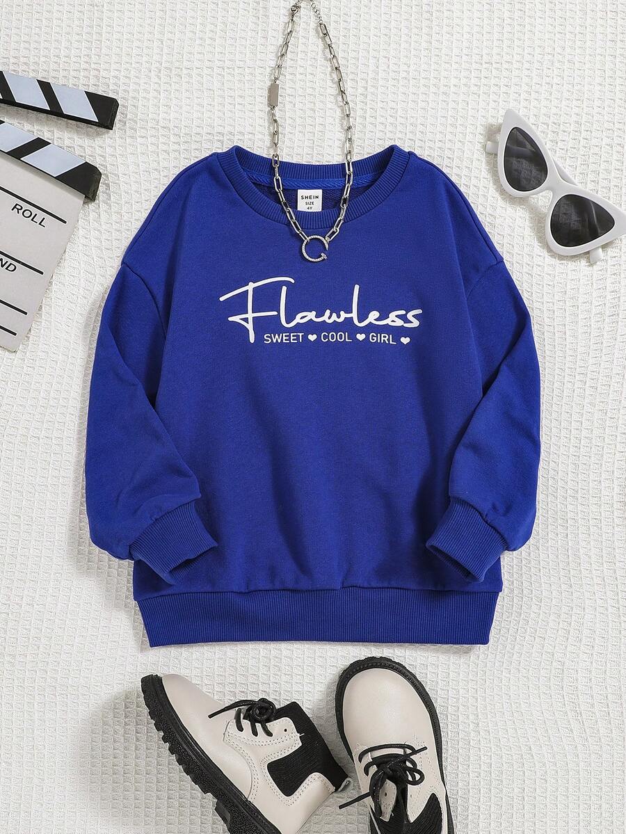 SHEIN Cô Gái Trẻ Đồ họa Chữ cái Thả vai Áo nỉ - Màu xanh lam - Xem 1