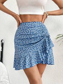 SHEIN VCAY Ditsy Floral Print Drawstring Ruffle Hem Skirt - Blue - View 5