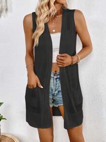 SHEIN LUNE 素色開門襟背心開衫 - 黑色 - 查看 1