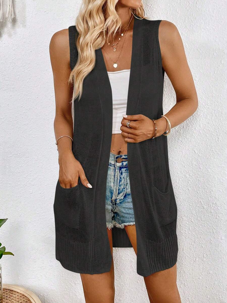 SHEIN LUNE 素色開門襟背心開衫 - 黑色 - 查看 1