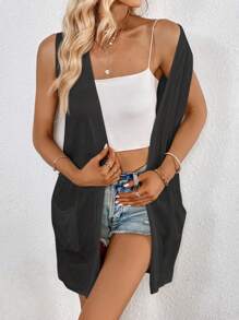 SHEIN LUNE 素色開門襟背心開衫 - 黑色 - 查看 4