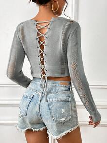 SHEIN Essnce 素色破洞短款毛衣不附胸罩 - 灰色 - 查看 2