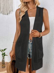 SHEIN LUNE 素色開門襟背心開衫 - 黑色 - 查看 6