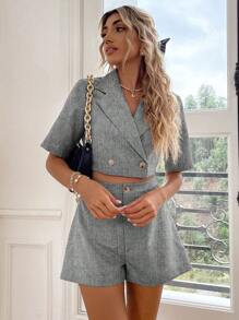 SHEIN Frenchy Lapel Neck Crop Blazer & Shorts Summer Elegant