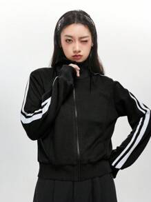 DAZY 条纹侧拉链运动衫，长袖上衣夹克秋冬 - 黑色 - 查看 1