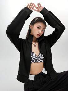 DAZY 条纹侧拉链运动衫，长袖上衣夹克秋冬 - 黑色 - 查看 2