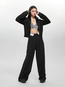 DAZY 条纹侧拉链运动衫，长袖上衣夹克秋冬 - 黑色 - 查看 4