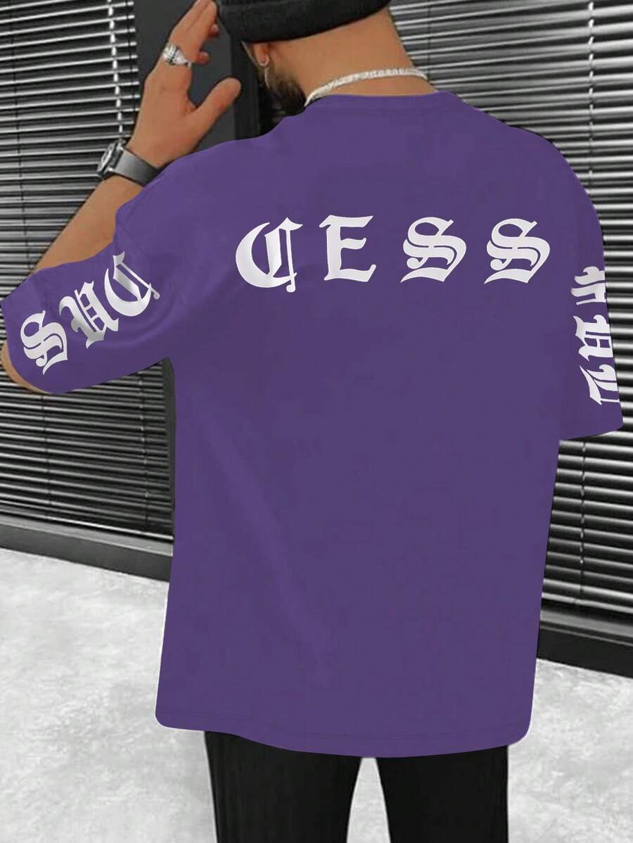 Manfinity 男士字母圖案T恤 - 紫色 - 查看 1