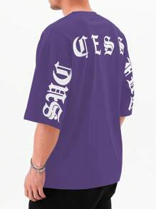 Manfinity 男士字母圖案T恤 - 紫色 - 查看 4