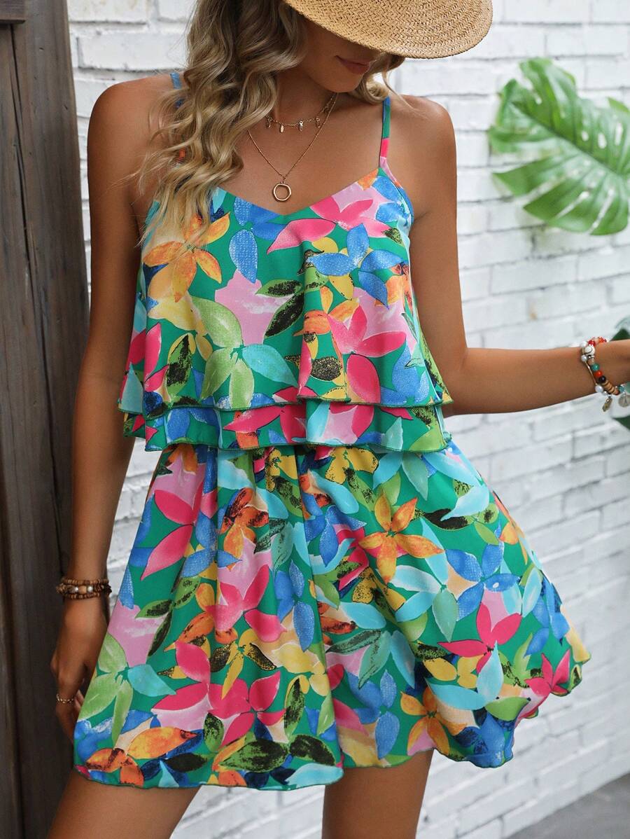 Breezaya Allover Print Ruffle Trim Cami Romper