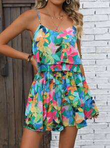 Breezaya Allover Print Ruffle Trim Cami Romper