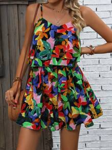 SHEIN VCAY Allover Print Ruffle Trim Cami Romper