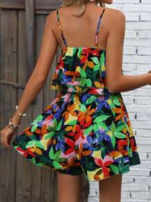 SHEIN VCAY Allover Print Ruffle Trim Cami Romper