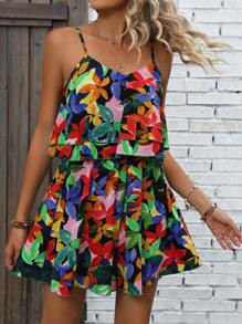 SHEIN VCAY Allover Print Ruffle Trim Cami Romper