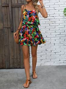 SHEIN VCAY Allover Print Ruffle Trim Cami Romper