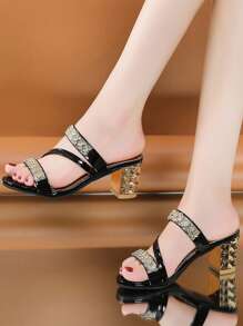 Women Rhinestone Decor Chunky Heeled Sandals, Glamorous Summer Mule Sandals Valentines - Black - View 2