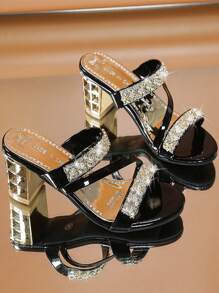 Women Rhinestone Decor Chunky Heeled Sandals, Glamorous Summer Mule Sandals Valentines - Black - View 4