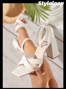 大碼寬方頭交叉帶粗跟涼鞋適用於寬腳 - 白色 - 查看 1