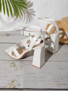 大碼寬方頭交叉帶粗跟涼鞋適用於寬腳 - 白色 - 查看 7