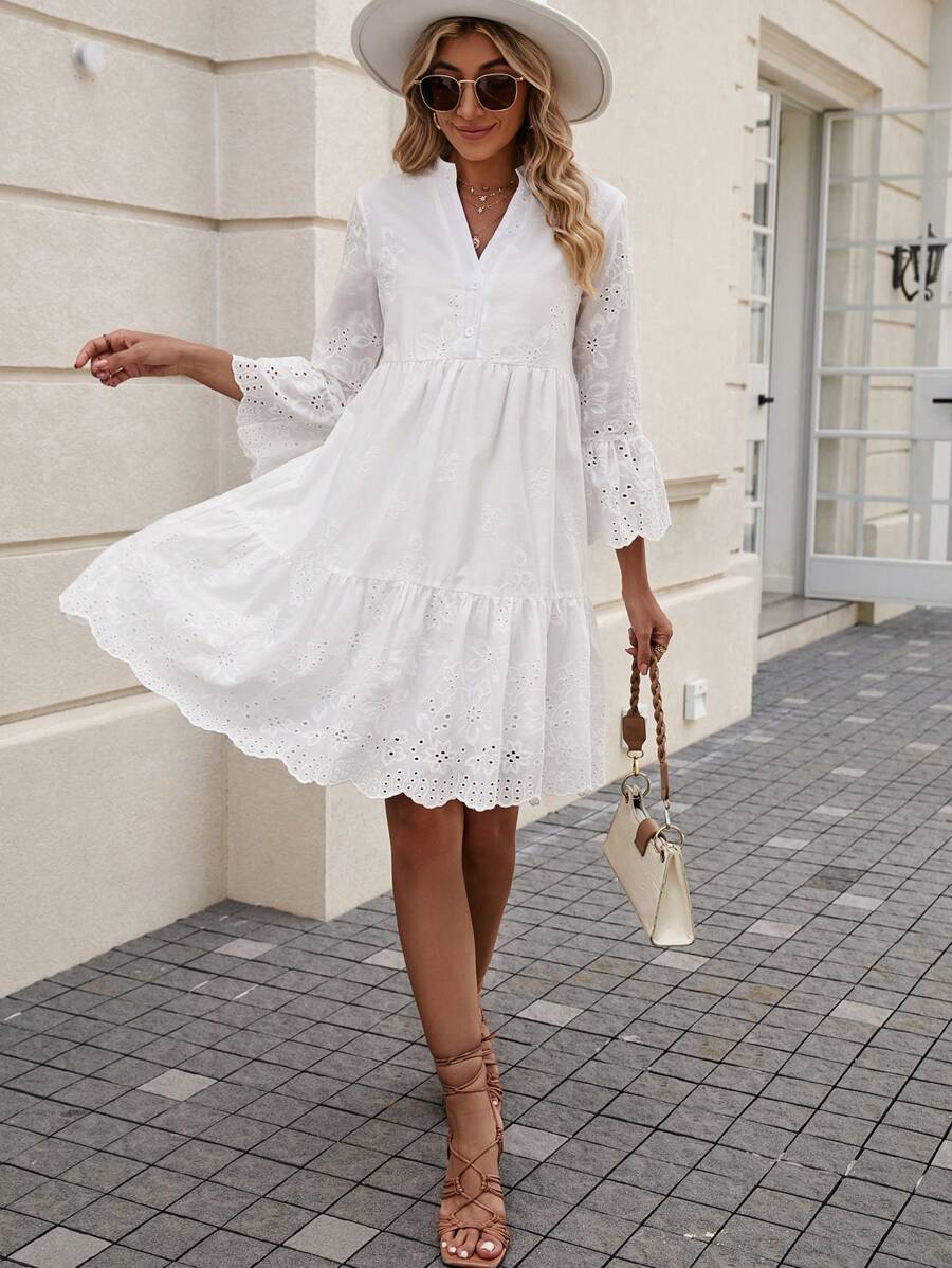 SHEIN Clasi Vestido smock con bordado con ojal de manga con volante bajo con fruncido - Blanco - Ver 1