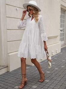 SHEIN Clasi Vestido smock con bordado con ojal de manga con volante bajo con fruncido - Blanco - Ver 5