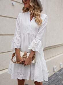 SHEIN Clasi Vestido smock con bordado con ojal de manga con volante bajo con fruncido - Blanco - Ver 6