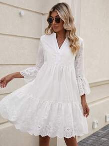 SHEIN Clasi Vestido smock con bordado con ojal de manga con volante bajo con fruncido - Blanco - Ver 7