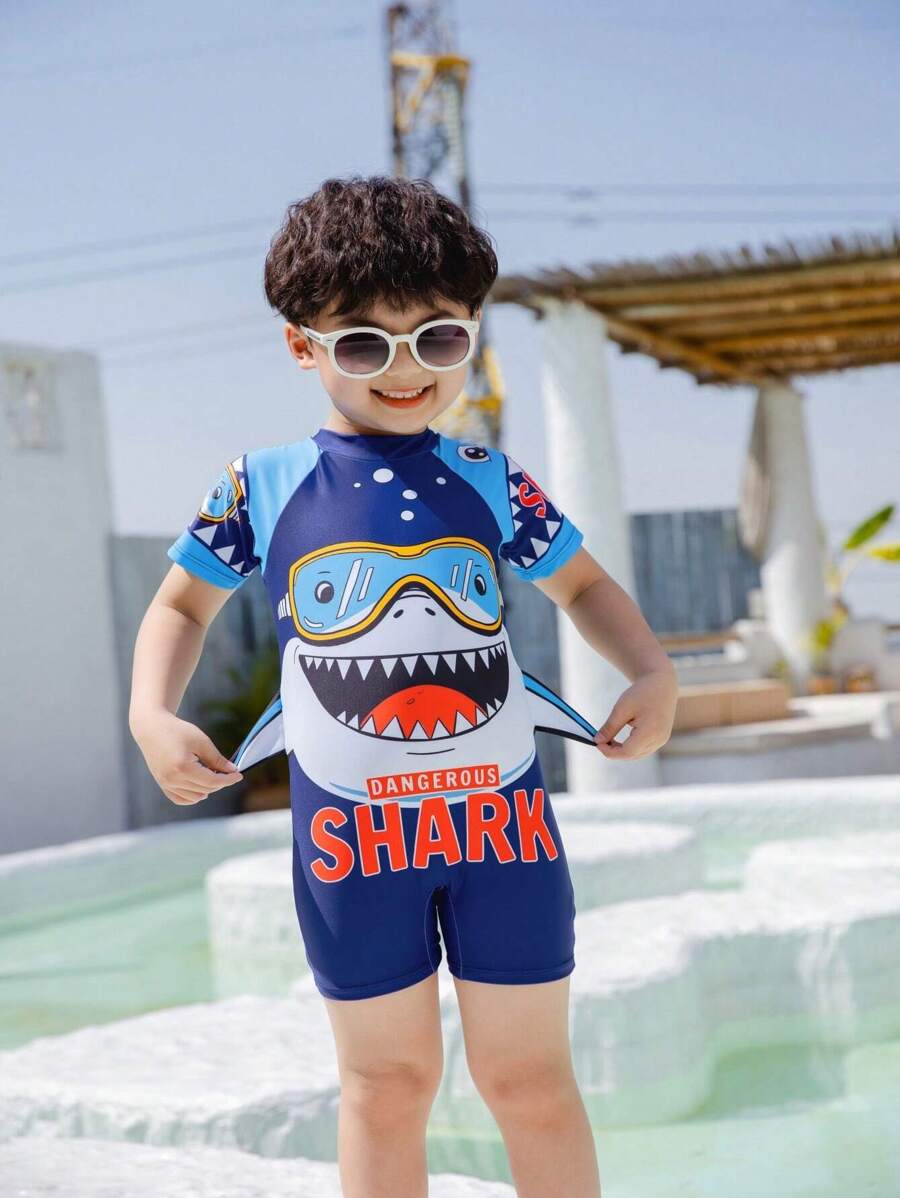 Young Boy Cartoon Shark Print One Piece Swimsuit - Navy Blue - View 1