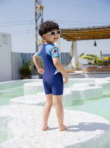 Young Boy Cartoon Shark Print One Piece Swimsuit - Navy Blue - View 2