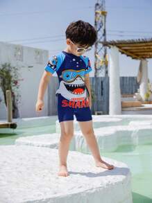 Young Boy Cartoon Shark Print One Piece Swimsuit - Navy Blue - View 4