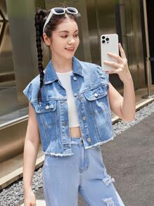 SHEIN 青少年女孩破洞毛邊牛仔夾克背心 - 淺色水洗藍 - 查看 3