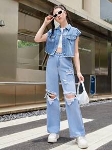 SHEIN 青少年女孩破洞毛邊牛仔夾克背心 - 淺色水洗藍 - 查看 4