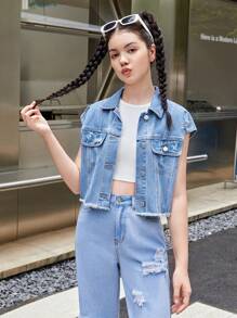 SHEIN 青少年女孩破洞毛邊牛仔夾克背心 - 淺色水洗藍 - 查看 5