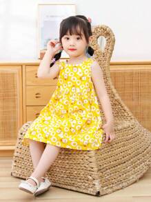 Young Girl Cartoon Graphic Smock Dress - Yellow - View 1