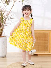 Young Girl Cartoon Graphic Smock Dress - Yellow - View 3